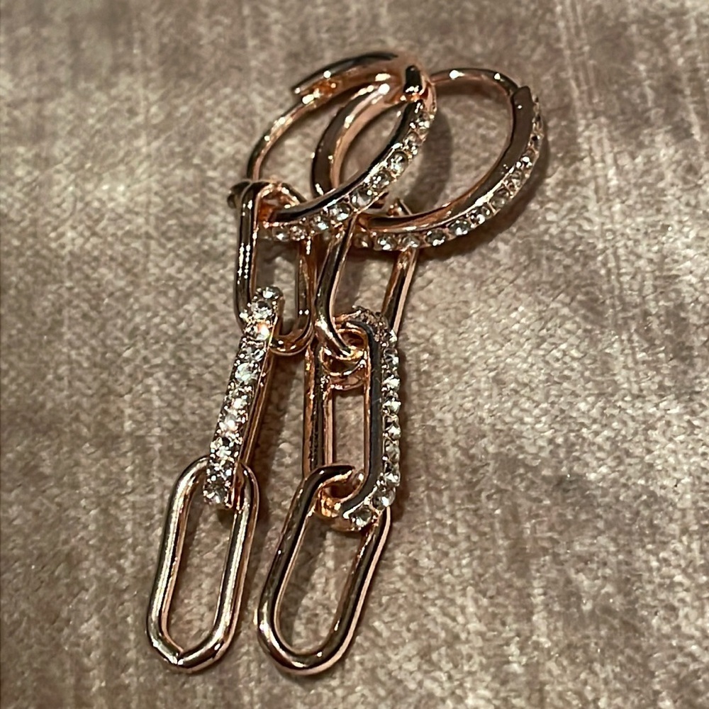 Paperclip Crystal Earrings Rose Gold 2” Long